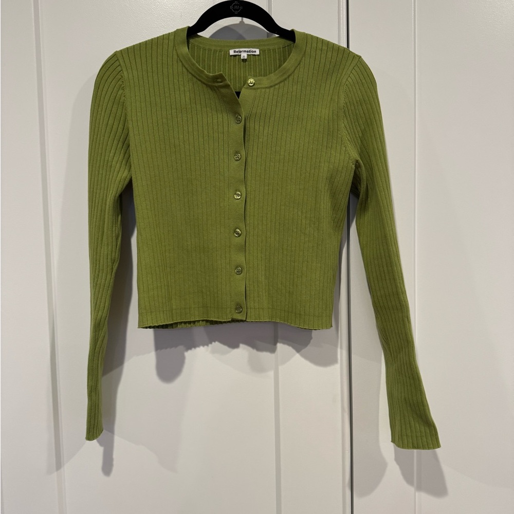 Reformation Green Ribbed Cardigan